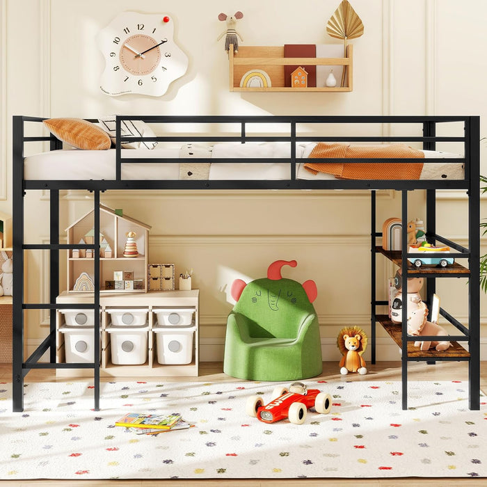 Low Loft Bed Twin Size, Heavy Duty Metal Frame W/Storage Shelves, Ladder & Full-Length Guardrails, Ample Under-Bed Space, Kids Loft Bed with Stairs for Boys Girls Junior, No Box Spring Needed