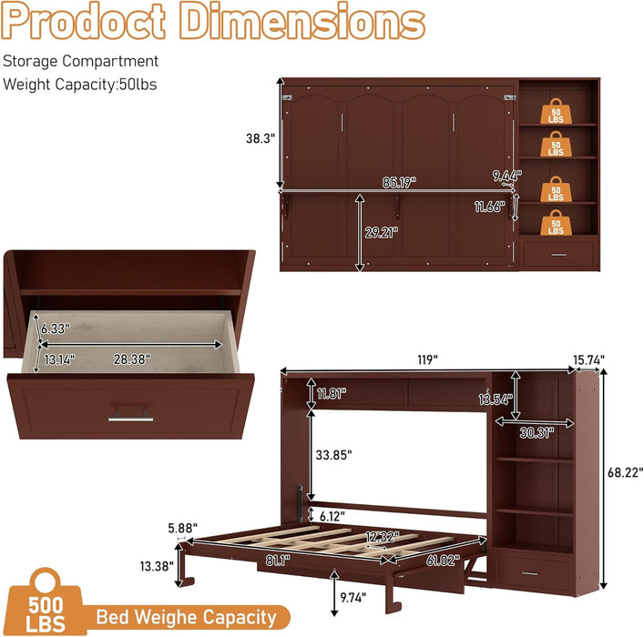 Queen Horizontal Murphy Bed With Desk WalnutFinish