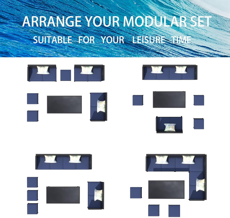 Small Space Patio Furniture Set 7-Piece, Outdoor Sectional Sofa with Waterproof Cushions, Space-Saving Backyard Furniture Set, Glass Table, Perfect for Patio, Garden, Balcony, Dark Blue.