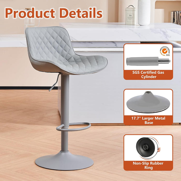 All Grey Bar Stools Set of 2, Upholstered Counter Height Bar Stool, Adjustable Swivel Faux Leather Barstools, with Padded Back, Metal Base, Kitchen Chairs for Home Island