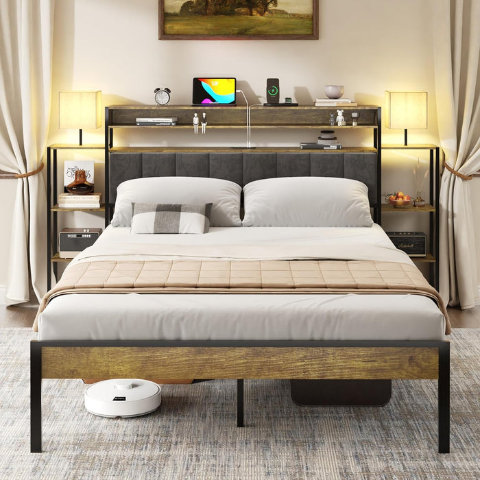 Upholstered Storage Headboard Queen Size Bed Frame - Farmhouse Metal Platform with Bookcase & Nightstand, Rustic Brown, Easy Assembly (No Box Spring Needed)