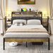 Upholstered Storage Headboard Queen Size Bed Frame - Farmhouse Metal Platform with Bookcase & Nightstand, Rustic Brown, Easy Assembly (No Box Spring Needed)
