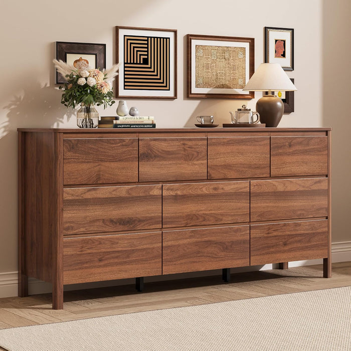Walnut 10 Drawer Dresser for Bedroom, 63" W Modern Wood Dresser