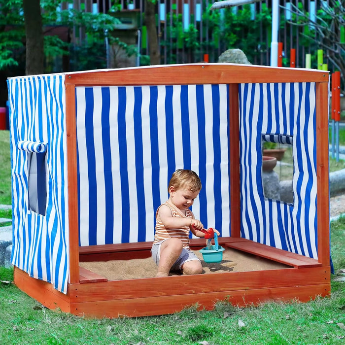 Kids' Outdoor Wooden Sandbox Large，Sandbox with Cover for Backyard with Rainproof and 3 Bench Seats,Outdoor Playhouse Cedar Wood