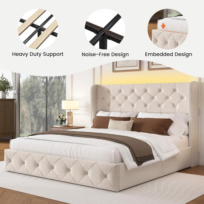 Queen Size Bed Frame with LED Lights and 4 Storage Drawers Linen Upholstered Platform Bed Frame with Tufted Headboard Wingback, No Box Spring Needed, Easy to Assemble, Beige