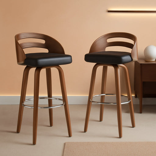 Bar Stools Set of 2, Swivel Bar Stools with Walnut Craftsmanship, Bentwood Curved Back, Upholstered Faux Leather, Soft Cushion Seat, Mid Century Barstools for Bar/Pub/Cafe (Black, 30" Seat Height)