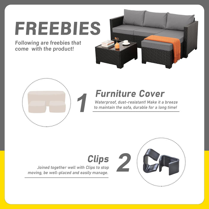 Wicker Patio Furniture Patio Couch 3 Pieces Outdoor Sectional with Ottoman and Outdoor Glass Table Weathering Anti-Slip Cushions Furniture Covers, Light Grey