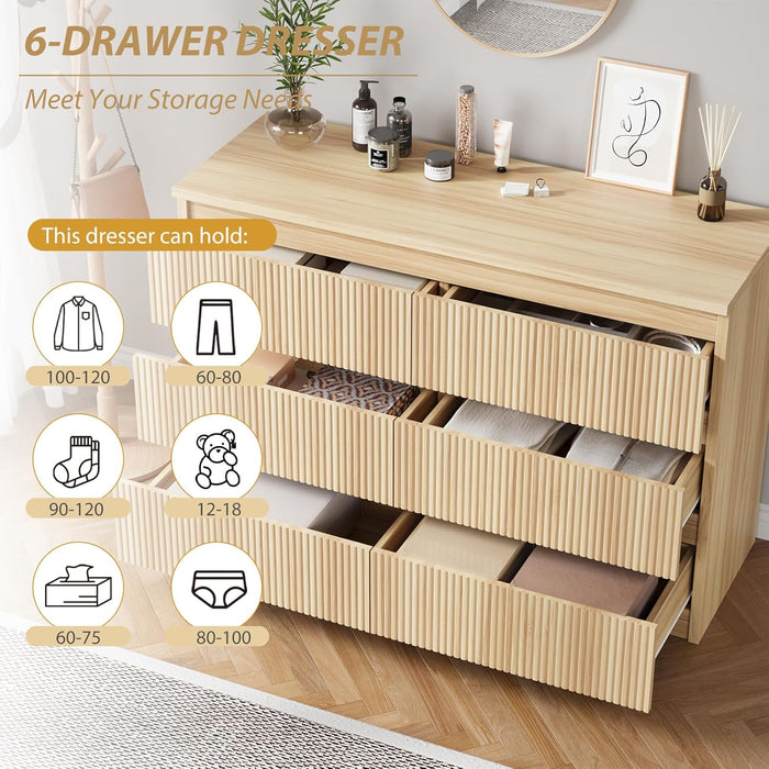 6 Drawer Fluted Dresser, Modern Chest of Drawers for Bedroom with Hidden Handles, Wood Storage Organizer Cabinet for Living Room & Entryway, Oak (15.7" D X 47.3" W X 31.6" H)