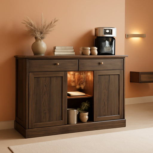 47" Wine Bar Cabinet with LED Light & Power Outlets, 2 Door Coffee Bar Cabinet with 2 Drawers, Sideboard Buffet Cabinet with Storage, Liquor Cabinet for Home Bar, Kitchen Living Room, Walnut Brown