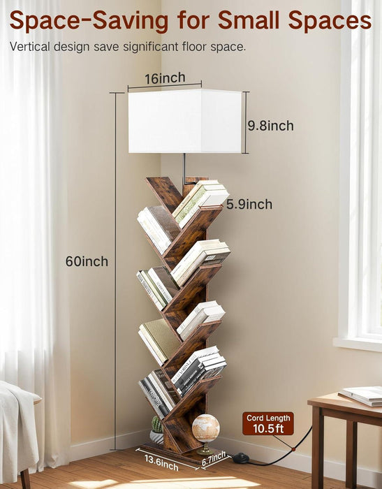 9 Tier Tree Bookshelf with Light, Remote & Timer, Modern Tall Floor Standing Book Shelf, Narrow Wood Bookcase, Small Book Organizer Shelves for Living Room, Bedroom, Office (Rustic Brown)