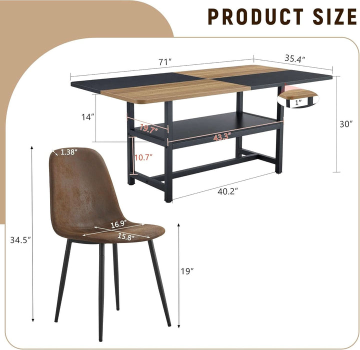 71" Farmhouse Dining Table Set for 6 - Wood Kitchen Table with Storage Shelf and Upholstered Chairs Set,Rectangular Dining Room Tables Set for Kitchen,Industrial Brown & Black Split-Color