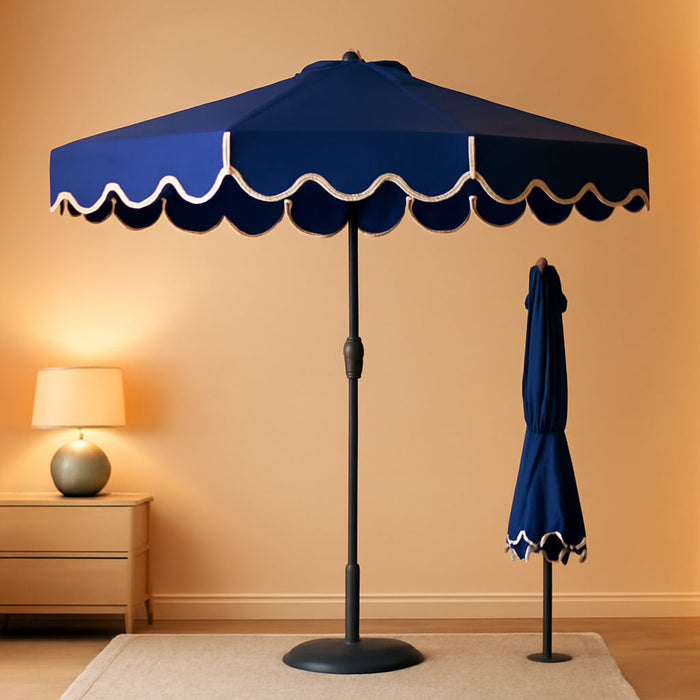 9Ft Patio Market Umbrella with Scallop Trim, Uv-Fade-Resistant 210G Canopy, Crank & Tilt, Wind Vent, Heavy-Duty Frame - Navy