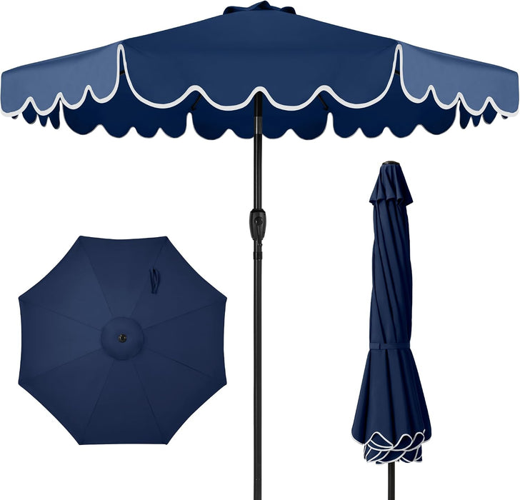 9Ft Patio Market Umbrella with Scallop Trim, Uv-Fade-Resistant 210G Canopy, Crank & Tilt, Wind Vent, Heavy-Duty Frame - Navy