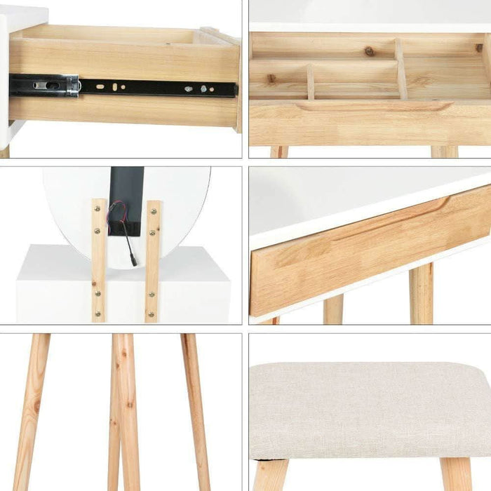 Makeup Vanity Table Set with 3 Modes Adjustable Lighted Mirror Cushioned Stool, Dressing Table for Small Space