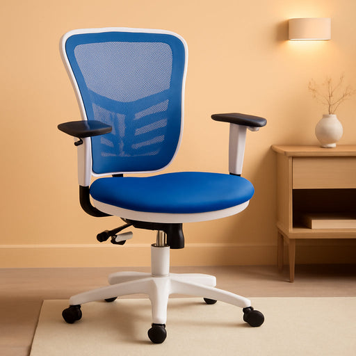 Nicholas Mid-Back Blue Mesh Multifunction Executive Swivel Ergonomic Office Chair with Adjustable Arms and White Frame