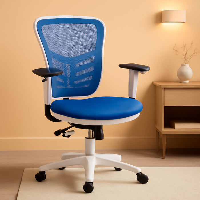 Nicholas Mid-Back Blue Mesh Multifunction Executive Swivel Ergonomic Office Chair with Adjustable Arms and White Frame