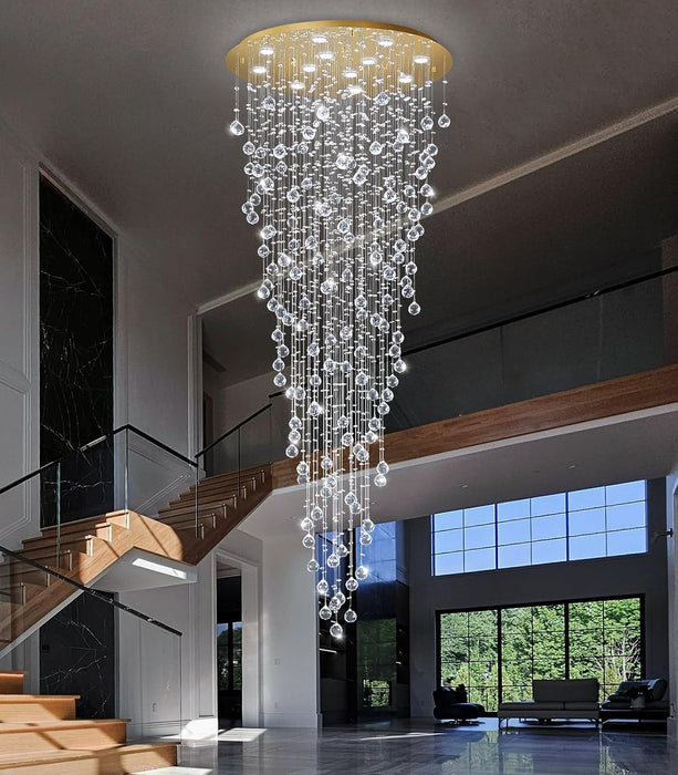 98'' Modern Crystal Chandelier for Entryway Raindrop Chandeliers LED Dimmable High Ceiling Flush Mount Light Fixtures for Staircaes Hallway Foyer Living Room LED Bulbs Included Gold