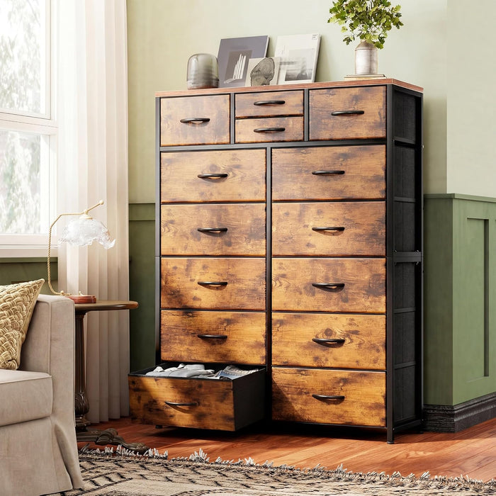 Dresser for Bedroom with 10+4 Storage Drawers, Chest of Drawers, Sturdy Metal Frame & Wood Top, Hallway, Closets, Living Room, 52.2" H X 37.4" W X 11.8" D, Rustic Brown