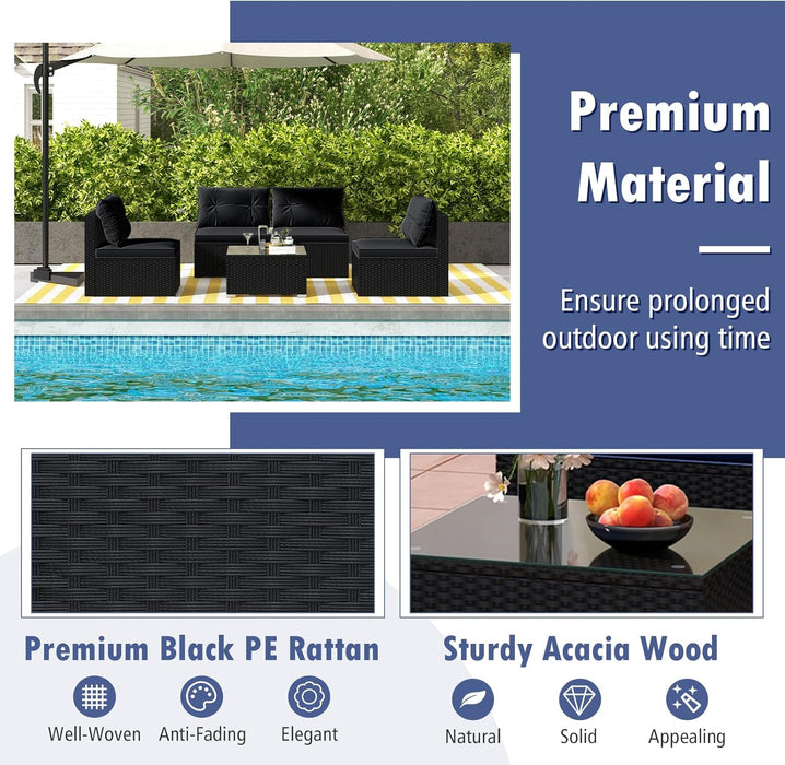 5-Piece Outdoor Patio Furniture Set, Rattan Sectional Sofa Set W/Glass-Top Coffee Table, Soft Seat & Back Cushions, Bistro Set for Garden Backyard Porch, Wicker Conversation Set (Black)