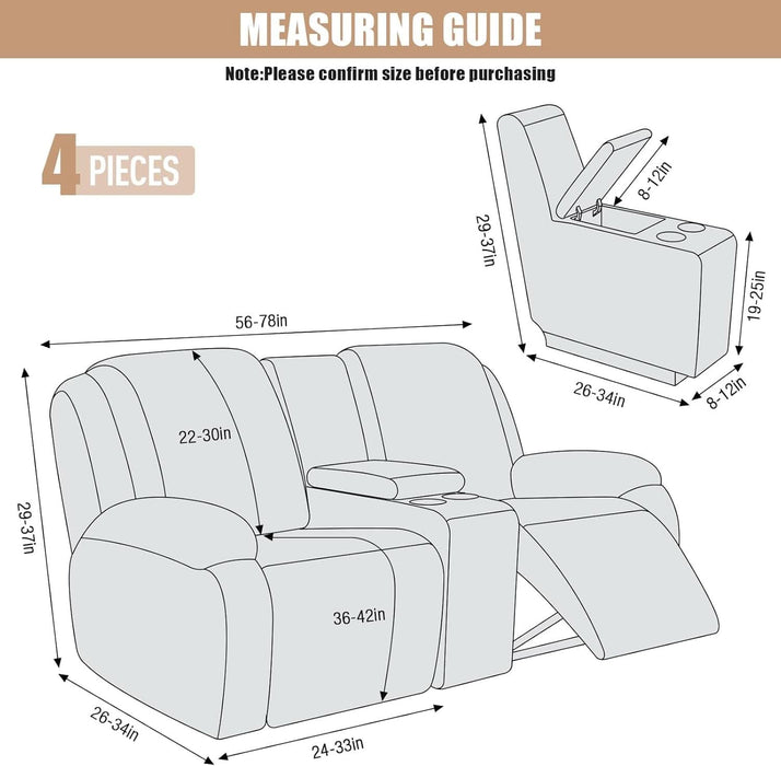 Recliner Loveseat Cover with Middle Console Stretch Reclining Sofa Slipcover for 2 Seat Jacquard Reclining Couch Sofa Covers Furniture Protector with Elastic Straps Bottom (Dark Gray)