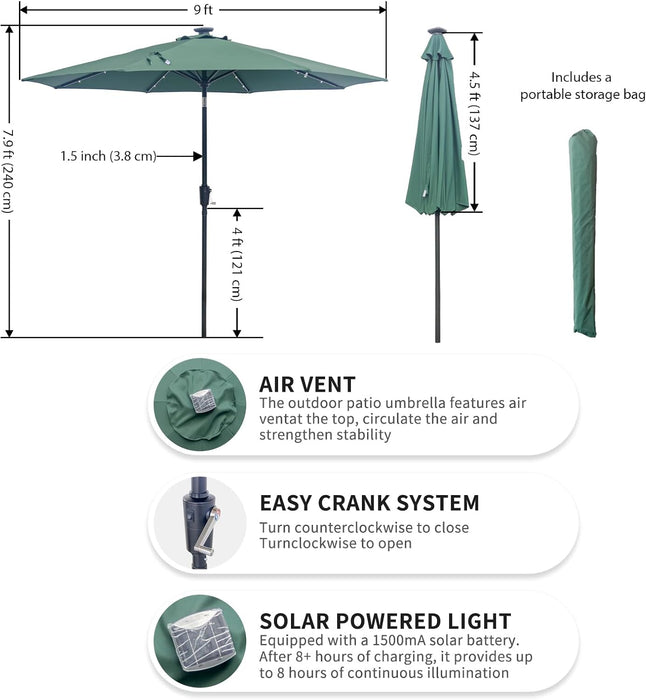 9FT Solar Patio Umbrella with 32 LED Lights with Bag