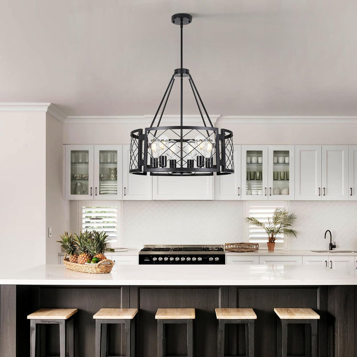 6-Light Farmhouse Chandelier Black Drum Pendant Light