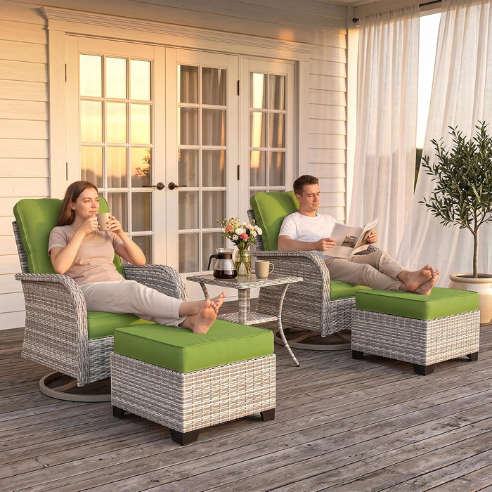 Outdoor Patio Furniture Set Patio Rocking Swivel Chair with Tempered Glass Side Table, Outdoor Wicker Rattan Bistro Set with Ottomans for Garden, Deck, and Balcony, Avocado Green