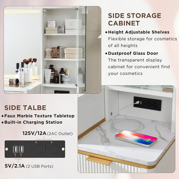 Fluted Makeup Vanity Desk with 36" HD Lighted Mirror, 48" Big Modern Vanity Desk with Mirror and Lights, Dressing Table with 5 Drawers & Shelves, Glass Top for Bedroom (Off White)