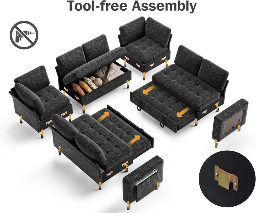 8 Seat U Shaped Modular Sectional Sleeper Sofa with Pull Out Bed/Reclining Backrest/Usb Ports/Table/Led Light/Storage Seat, Sectional Sleeper Couch, Tool-Free Assembly, Chenille Black