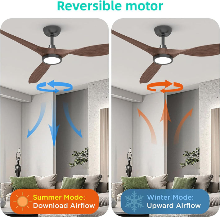 Ceiling Fans with Lights and Remote, 52 Inch Large Airflow Indoor Ceiling Fans with Quiet DC Motor and 3 Colour Temperature Black Noiseless ABS Fan Blades (Dark Woodgrain)