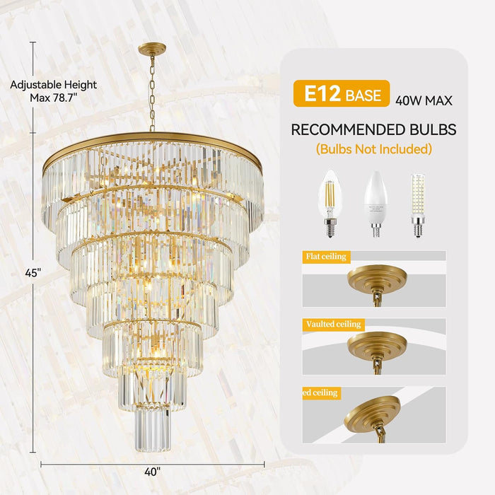 40-Inch Large Crystal Chandeliers 7-Tier Modern Gold K9 Crystal Chandelier,20-Light Luxury round Crystal Chandelier for High Ceiling Entryway Staircase Living Room Foyer