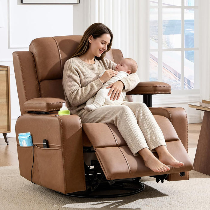 Power Swivel Rocker Recliner Chair with Adjustable Armrests, Brown