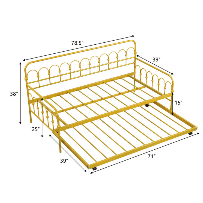 Twin Size Golden Metal Daybed with Trundle and Lockable Wheels