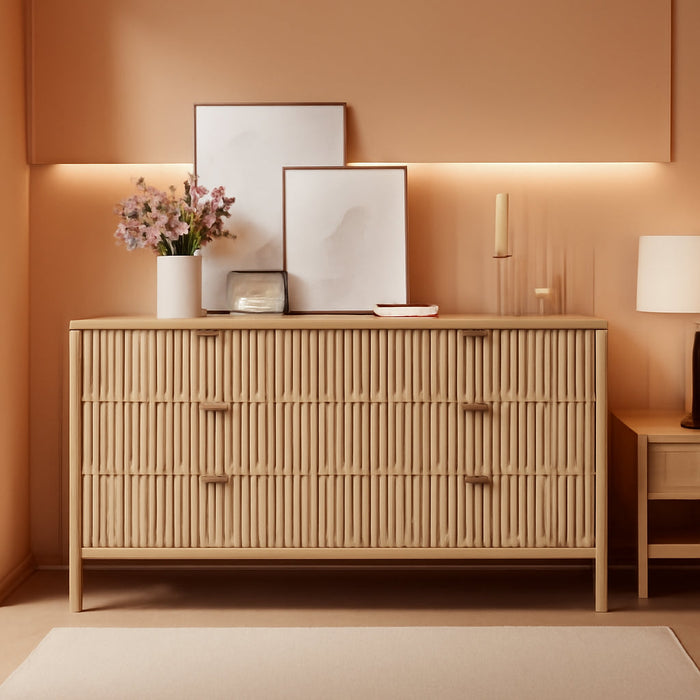 Solid Oak 55InchWideDresserWithSixDrawersStorageOrganization