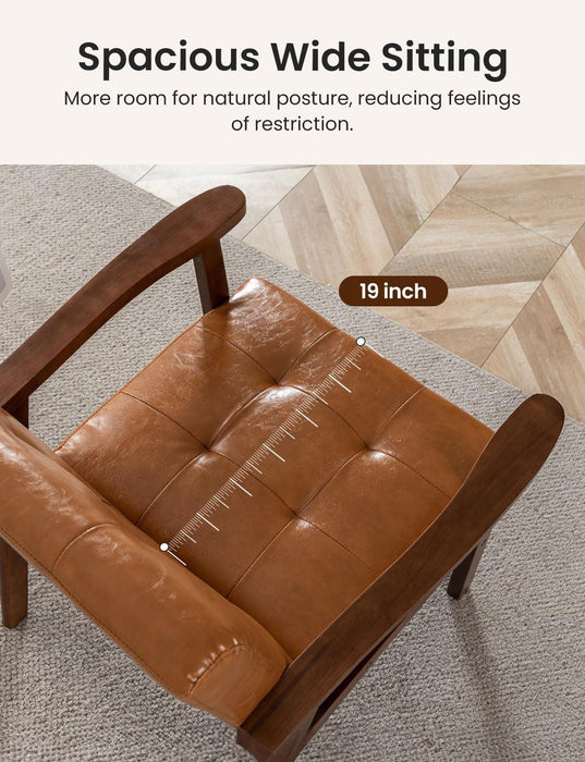 Mid Century Leather Accent Chairs, Modern Small Arm Chair for Living Room, Office Waiting Room Lobby Chair with Wooden Arms, Brown Accent Reading Chairs Set for Bedroom