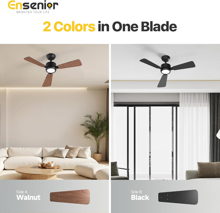 42 Inch Ceiling Fans with Lights and Remote, Small Bedroom Ceiling Fan with 3 Reversible Blades (Black/Wood), Quiet DC Motor, 6 Speeds, 3 Color, Memory Function, Modern Fan for Home, Black