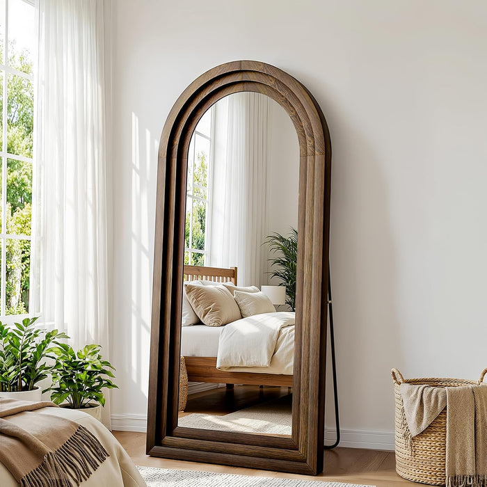 24"X65" Full Length Mirror Solid Wood Frame, Arched Floor Mirror Full Length with Stand, Room Decor Big Full Body Mirror with HD Tempered Glass for Bedroom, Living Room, Walnut Wood