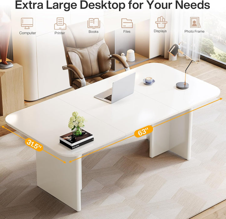 Modern White Desk, Large Minimalist Executive Office Computer Desk Writing Study Makeup Vanity Table Workstation with Arch Design Legs, 63 X 31.5 Inch