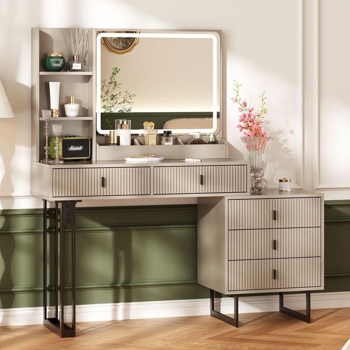 Large Vanity Desk with 3 Color Touch Screen Dimming Mirror, Vanity Desk with Charging Station, Modern Retractable Makeup Dressing Table, Makeup Table with Storage Shelves and 5 Sliding Drawers