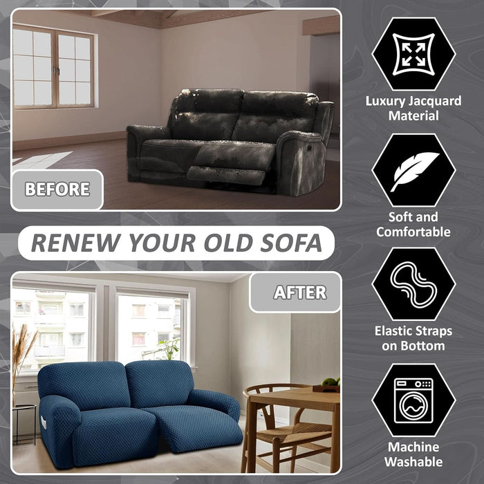 Extra Wide 75" - 100", Reclining 2 Seater Sofa, Extra Wide Reclining Love Seat Slipcover, 6-Piece Jacquared Fabric, Reclining Sofa Covers, Thick, Soft, Washable (Navy)(Style 1)