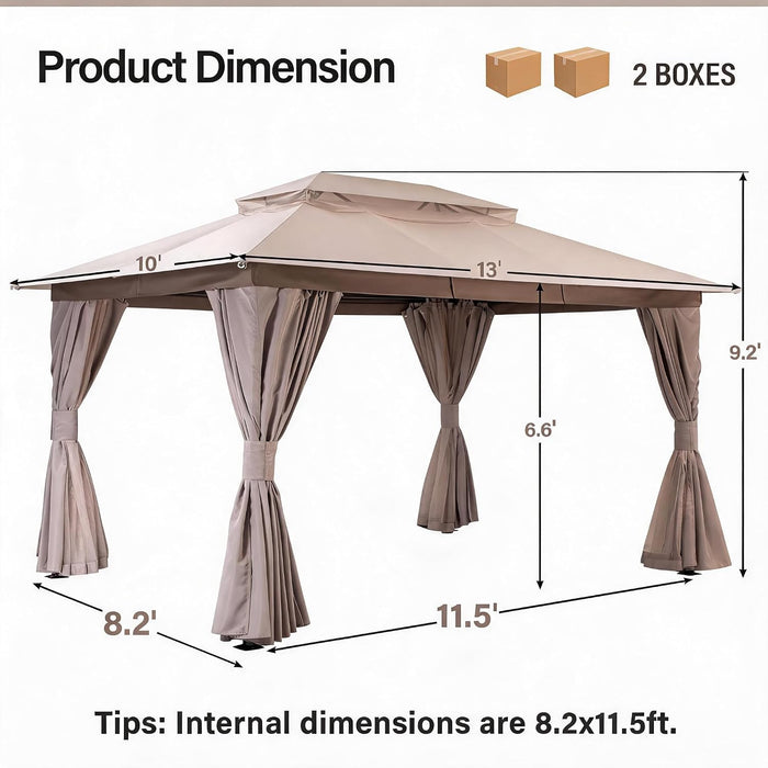 Patio Gazebo 10'X13', Outdoor Heavy Duty Party Tent Shelter with Double Roofs, Mosquito Nettings and Privacy Screens for Backyard, Garden, Lawn, Khaki