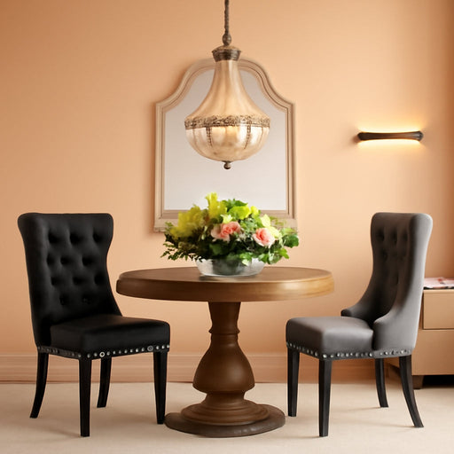 Leather Dining Chair Set of 2 Upholstered Tufted Dining Room Chair with Nailhead Trim and Solid Wood Legs for Kitchen, Restaurant, Black&Grey