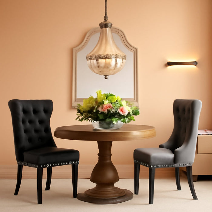 Leather Dining Chair Set of 2 Upholstered Tufted Dining Room Chair with Nailhead Trim and Solid Wood Legs for Kitchen, Restaurant, Black&Grey
