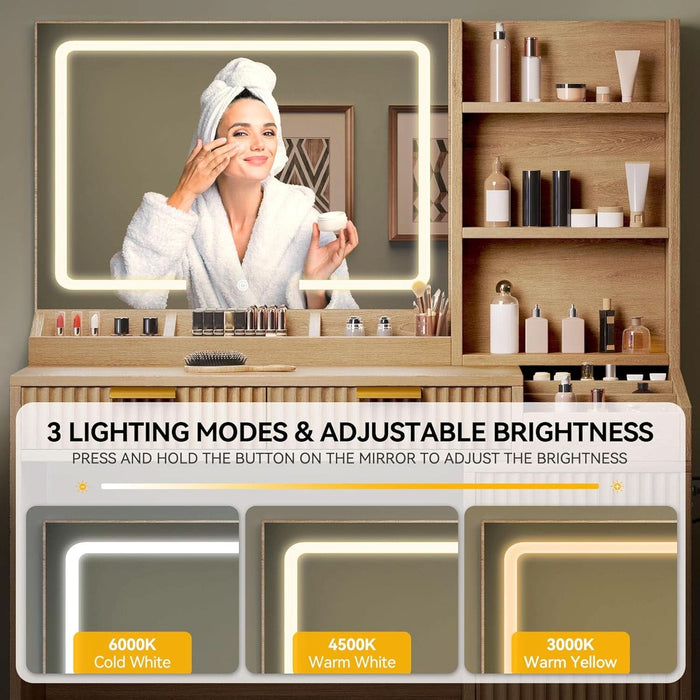 Fluted Makeup Vanity Desk with Large 27" Mirror and Lights, Modern Big Makeup Table with Power Outlet, 11 Shelves & 2 Drawers, 3 Color Lighting Modes, Dressing Table Vanity Set for Bedroom, Oak