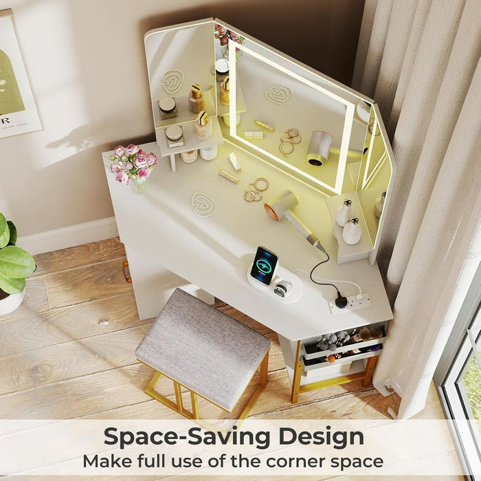 Corner Vanity Desk with Lighted Tri-Fold Mirror, Makeup Table with Charging Station, Fluted Door Cabinet, Storage Shelves, Space Saving Dressing Table with Stool for Bedroom, White & Gold