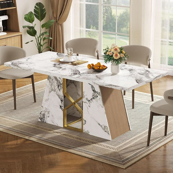 71 Inch Modern White Dining Table for 6-8 People, Large Faux Marble Kitchen and Dining Room Table,Rectanglar Dinner Table with Metal Frame for Dining Room, Living Room, White