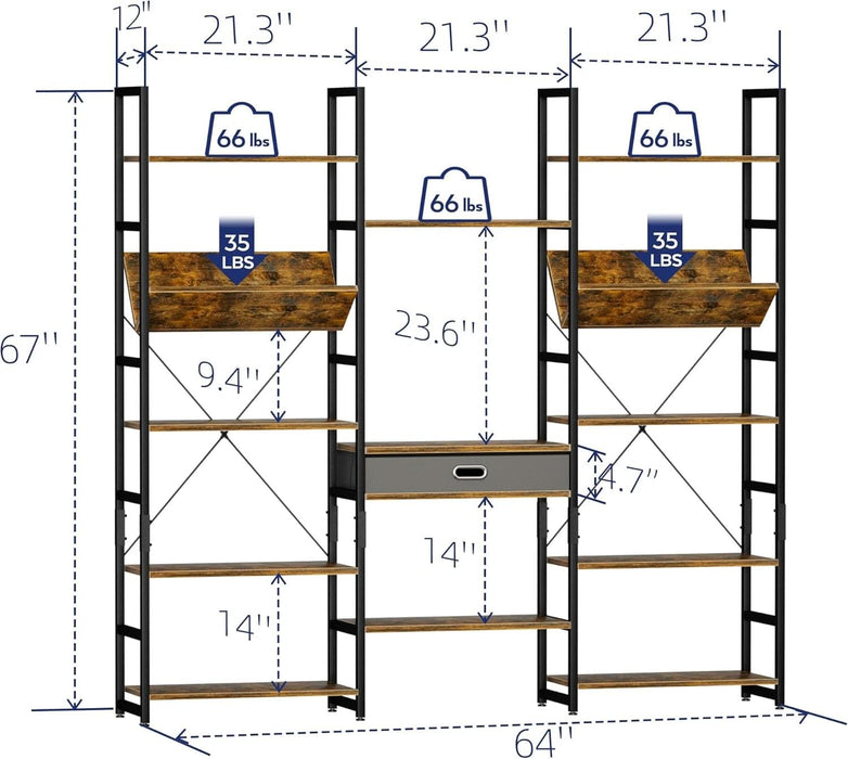 Triple Wide 5 Tier Bookshelf, Adjustable Rustic Industrial Style Book Shelves, Modern Bookcases and Bookshelves Furniture for Bedroom, Living Room and Home Office, Vintage Brown