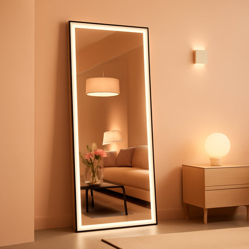 75" X 28" Full Length Mirror with Lights, LED Lighted Floor Standing Body Mirror, Dimmable & 3 Color Lighting for Bedroom, Cloakroom, Dressing Room, Tempered Glass, White Frame