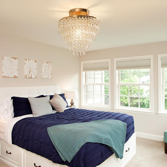 11.8" Crystal Chandelier Gold Crystal Flush Mount Ceiling Light 5 Tiers Raindrops Crystal Pendant Lighting Fixture for Bedroom Hallway Living Room E26 Base