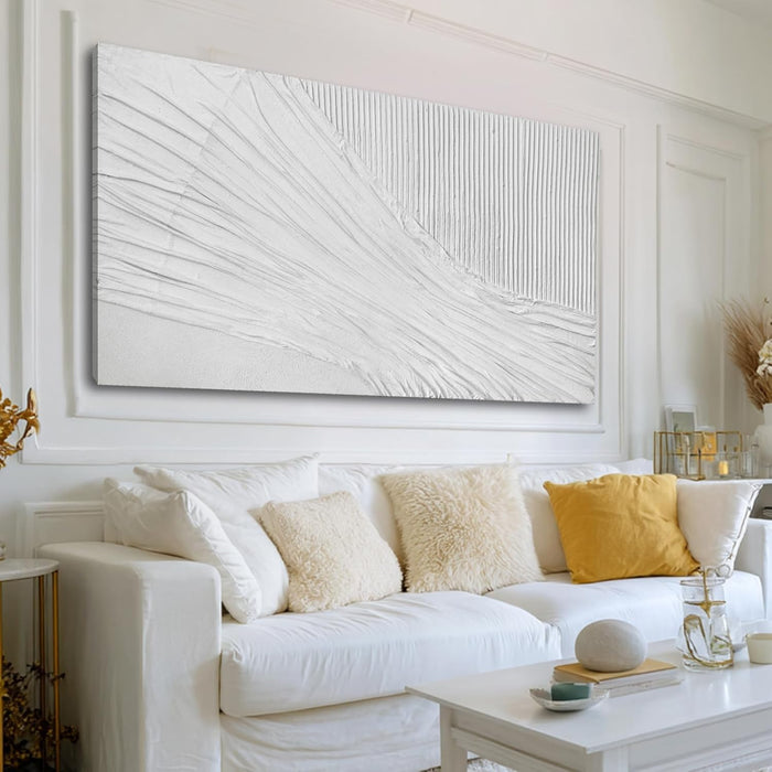 White Textured Abstract Wall Art Canvas 24X48 Inch, Hand Painted Modern Wall Art, Minimalist Neutral Wall Decor, Canvas Wall Art for Living Room Bedroom, Gallery Wrapped Ready to Hang